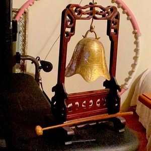 Antique brass bell with hammer carved wood very old India